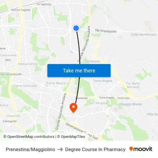 Prenestina/Maggiolino to Pharmacy Degree Course map