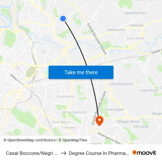 Casal Boccone/Negri A. to Pharmacy Degree Course map