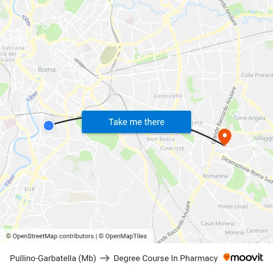 Pullino-Garbatella (Metro B) to Pharmacy Degree Course map