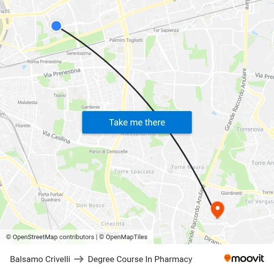 Balsamo Crivelli to Pharmacy Degree Course map