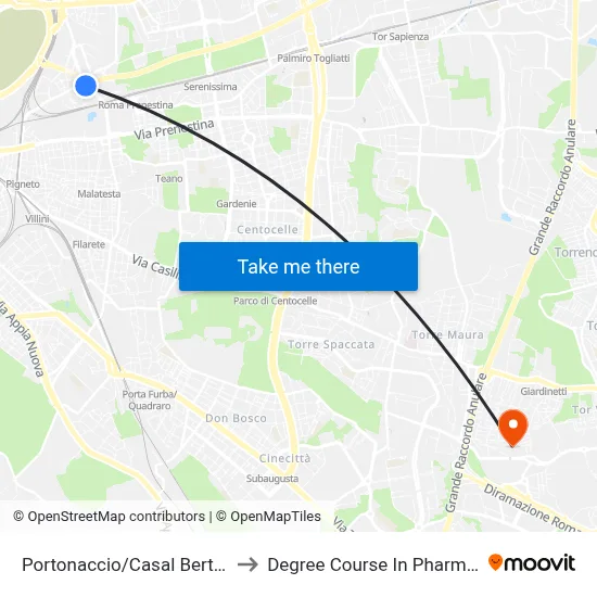 Portonaccio/Casal Bertone to Pharmacy Degree Course map