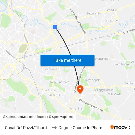 Casal De' Pazzi/Tiburtina to Pharmacy Degree Course map