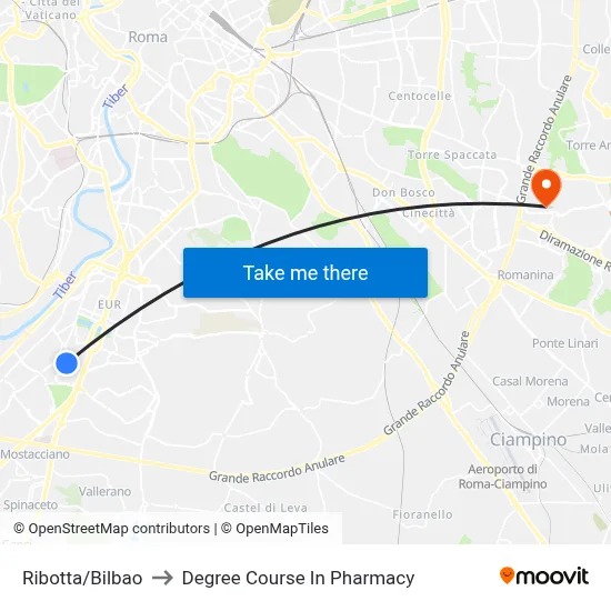 Ribotta/Bilbao to Pharmacy Degree Course map