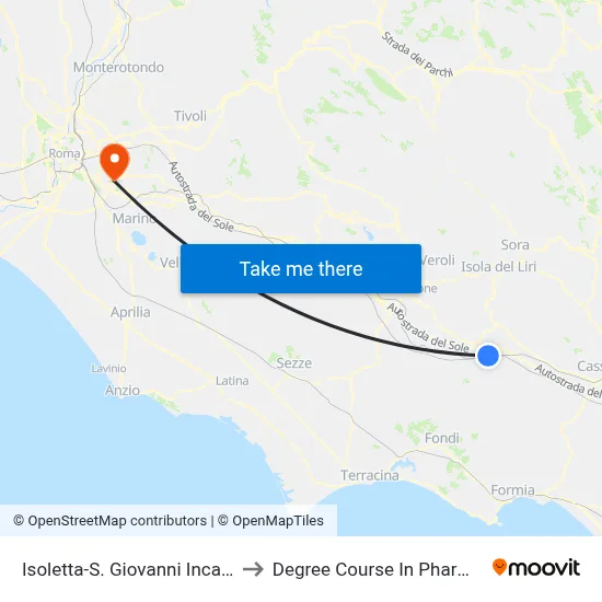 Isoletta-San Giovanni Incarico to Pharmacy Degree Course map