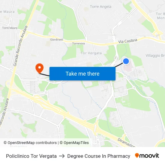 Tor Vergata Hospital to Pharmacy Degree Course map