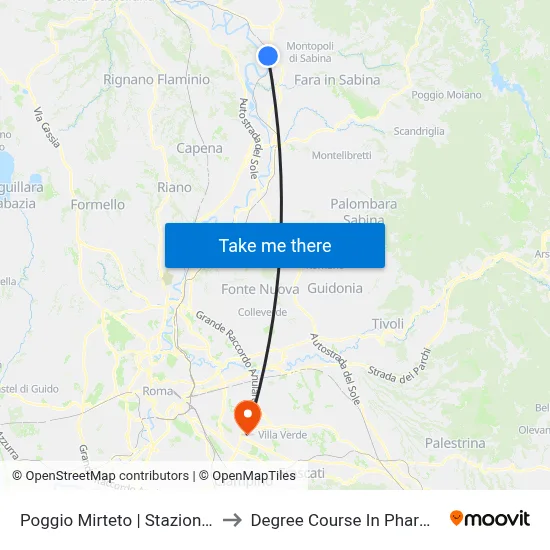 Poggio Mirteto | Railway Station to Pharmacy Degree Course map