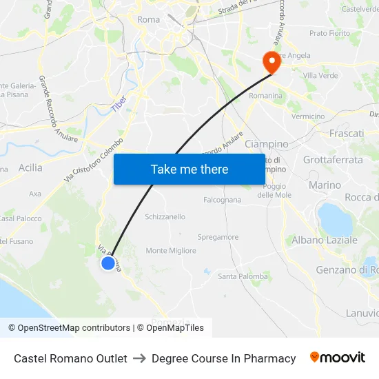 Castel Romano Outlet to Pharmacy Degree Course map