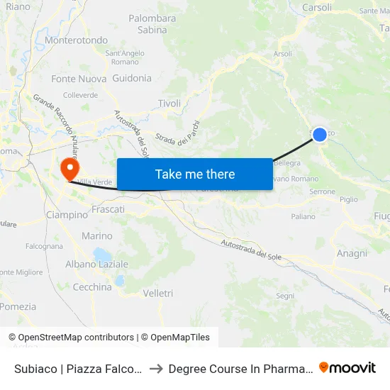 Subiaco Piazza Falcone to Pharmacy Degree Course map