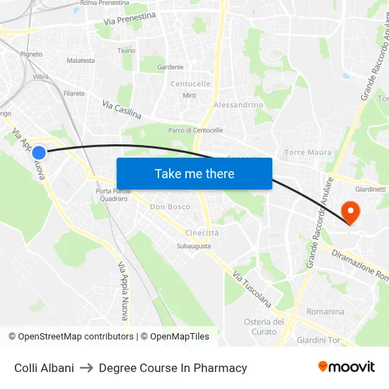Colli Albani to Pharmacy Degree Course map