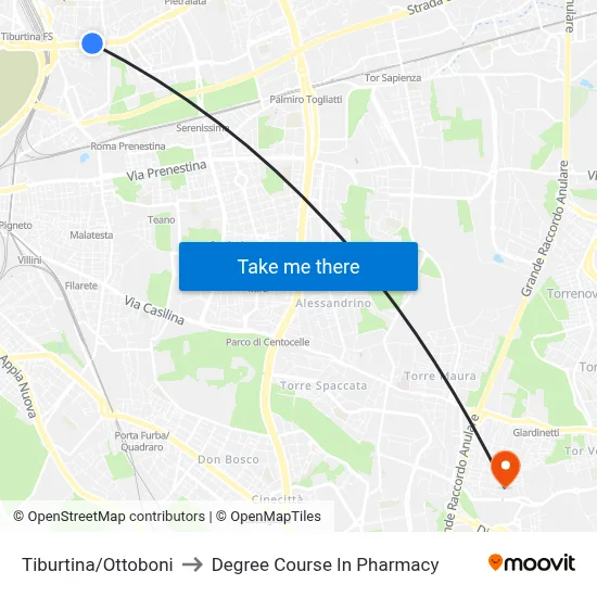 Tiburtina/Ottoboni to Pharmacy Degree Course map