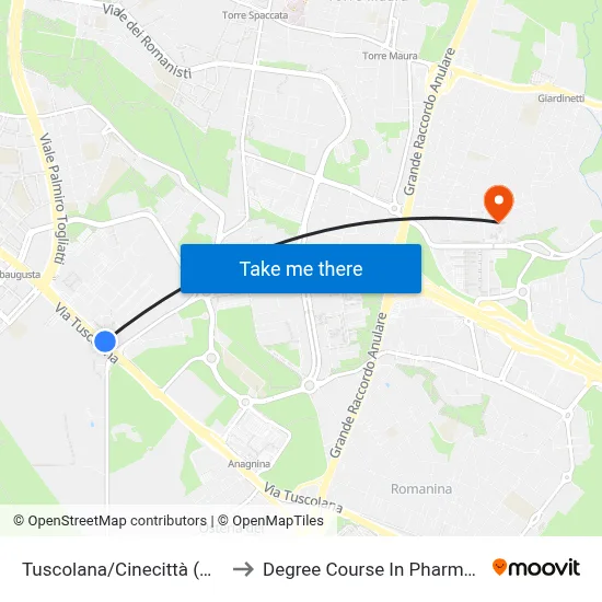 Tuscolana/Cinecittà (Metro) to Pharmacy Degree Course map