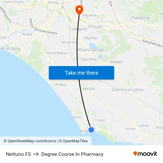 Nettuno Train Station to Pharmacy Degree Course map