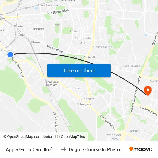 Appia/Furio Camillo (Metro A) to Pharmacy Degree Course map