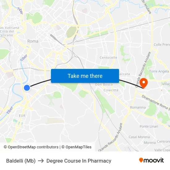 Baldelli (Metro B) to Pharmacy Degree Course map