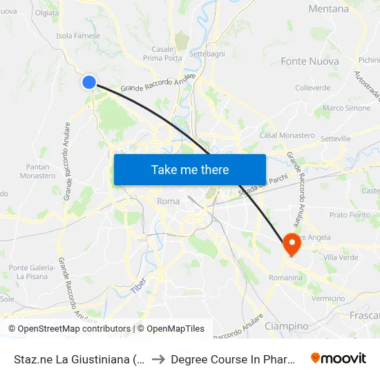 La Giustiniana Station (FL3) to Pharmacy Degree Course map