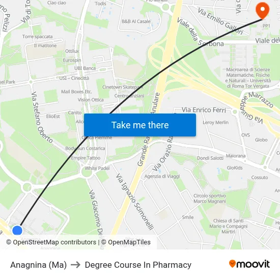 Anagnina Metro to Pharmacy Degree Course map