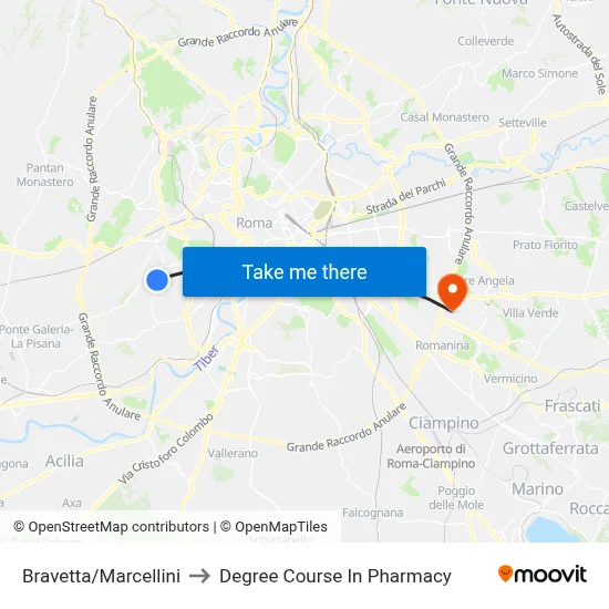 Bravetta/Marcellini to Pharmacy Degree Course map