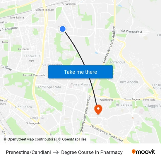 Prenestina/Candiani to Pharmacy Degree Course map