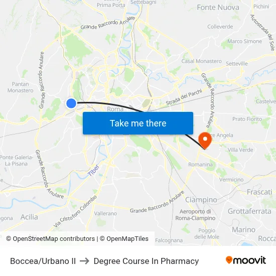 Boccea/Urban II to Pharmacy Degree Course map