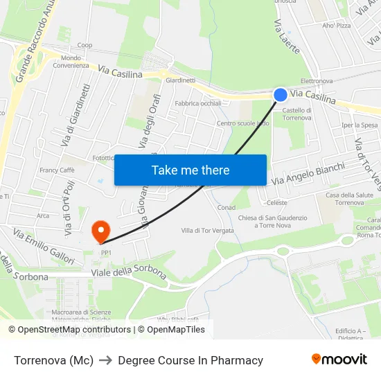 Torrenova (Mc) to Pharmacy Degree Course map