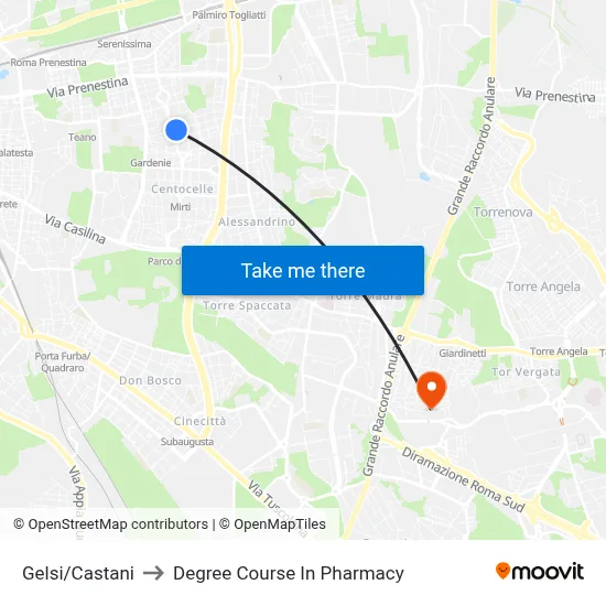 Gelsi/Castani to Pharmacy Degree Course map