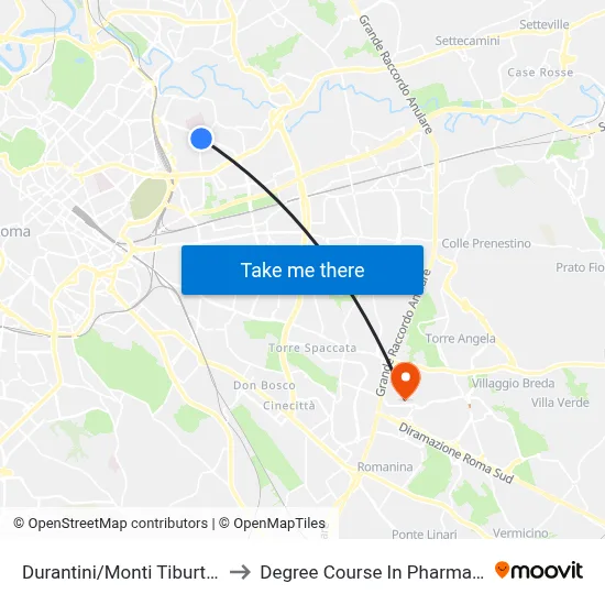 Durantini/Monti Tiburtini to Pharmacy Degree Course map