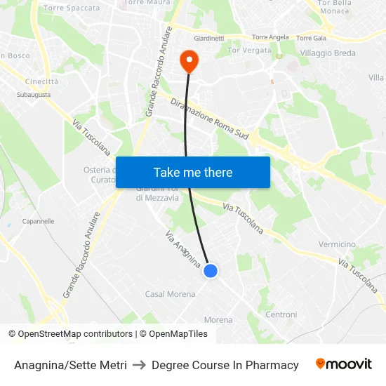 Anagnina/Sette Metri to Pharmacy Degree Course map