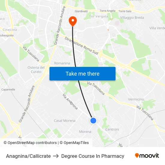 Anagnina/Callicrate to Pharmacy Degree Course map
