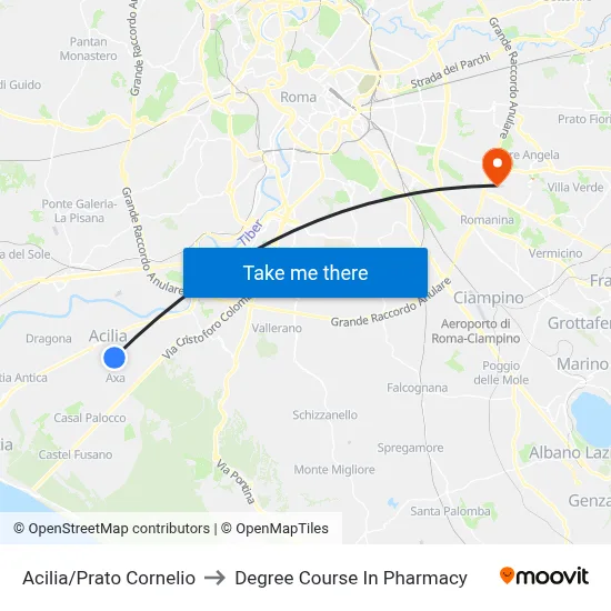 Acilia/Prato Cornelio to Pharmacy Degree Course map
