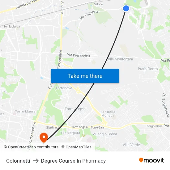 Colonnetti to Pharmacy Degree Course map