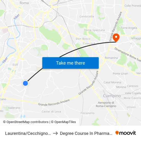 Laurentina/Cecchignola to Pharmacy Degree Course map