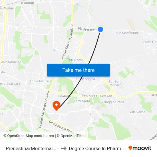 Prenestina/Montemarano to Pharmacy Degree Course map