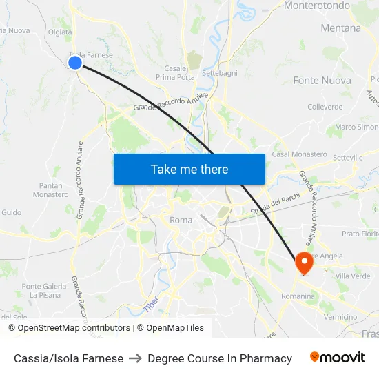 Cassia/Isola Farnese to Pharmacy Degree Course map