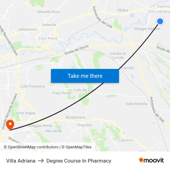 Villa Adriana to Pharmacy Degree Course map