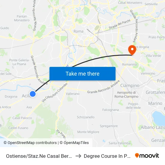 Ostiense/Casal Bernocchi Station (RL) to Pharmacy Degree Course map