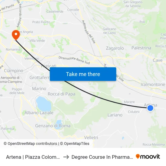 Artena via Piazza Colombo to Pharmacy Degree Course map