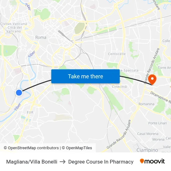 Magliana/Villa Bonelli to Pharmacy Degree Course map