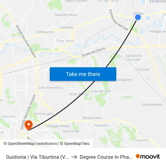 Guidonia via Tiburtina (Villalba) to Pharmacy Degree Course map