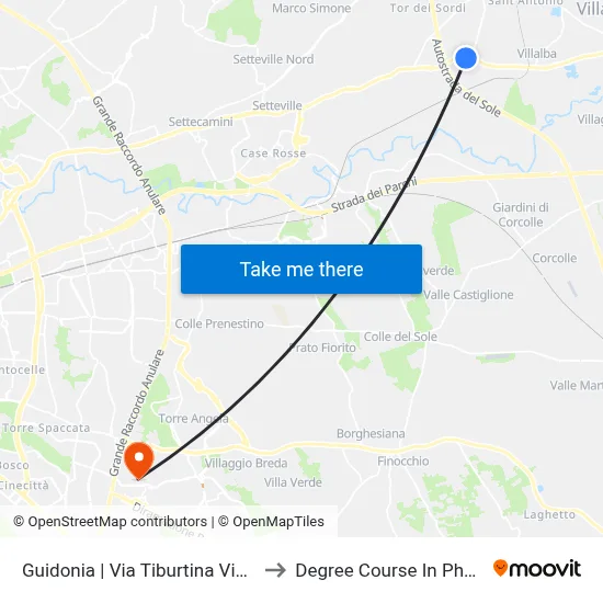 Guidonia | Tiburtina Street Platani Street to Pharmacy Degree Course map