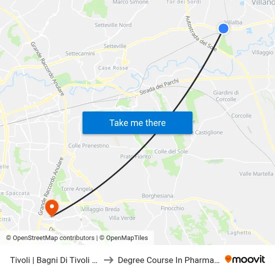Tivoli Bagni Di Tivoli Station to Pharmacy Degree Course map