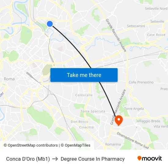 Conca D'Oro (Metro Line 1) to Pharmacy Degree Course map