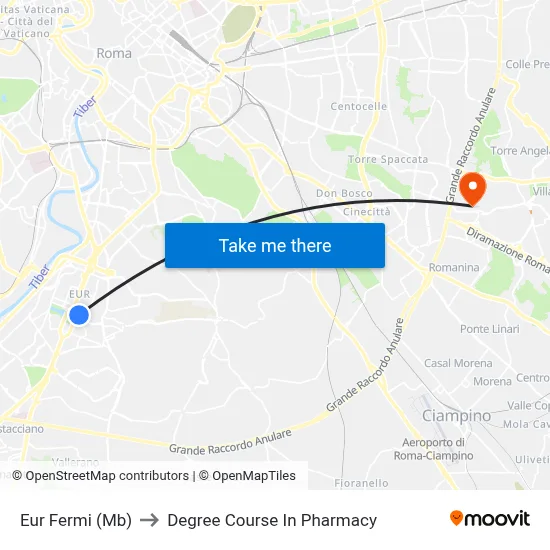 Eur Fermi (Metro B) to Pharmacy Degree Course map