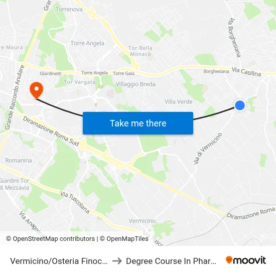 Vermicino/Osteria Finocchio to Pharmacy Degree Course map