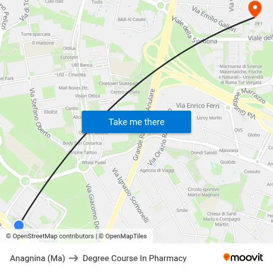 Anagnina Metro to Pharmacy Degree Course map