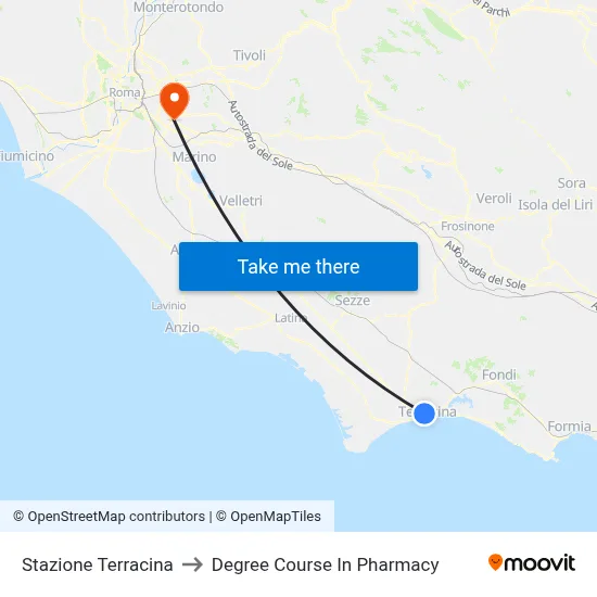 Terracina Station to Pharmacy Degree Course map