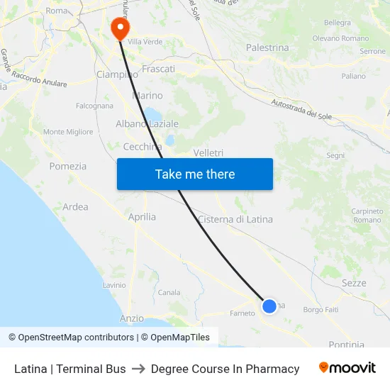 Latina Bus Terminal to Pharmacy Degree Course map