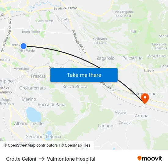 Grotte Celoni to Valmontone Hospital map