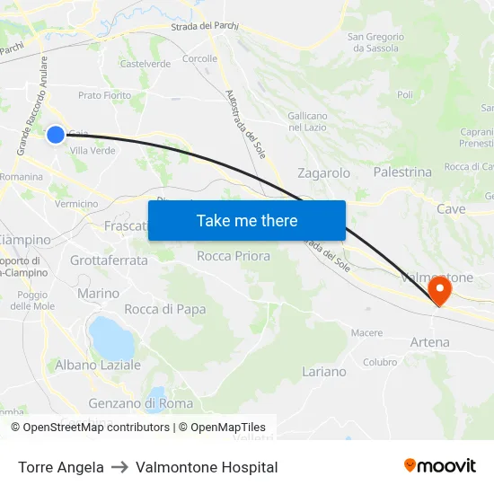 Torre Angela to Valmontone Hospital map