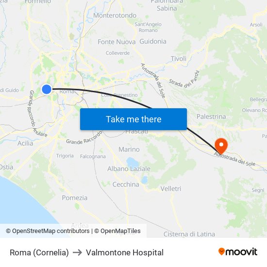 Roma (Cornelia) to Valmontone Hospital map