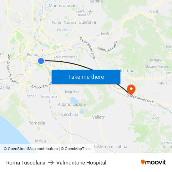 Roma Tuscolana to Valmontone Hospital map